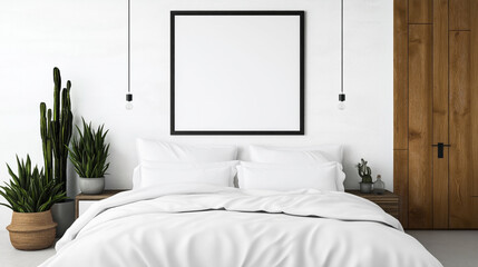 Minimalistic bedroom with white bedding, a wooden nightstand, framed blank wall art, indoor plants, and wooden doors. Modern decor with hanging light bulbs.
