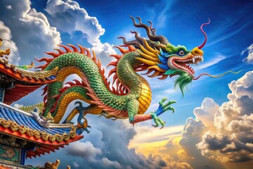 Fototapeta premium Majestic Japanese Dragon Soaring Through a Vibrant Sky with Traditional Elements and Cloud Patterns