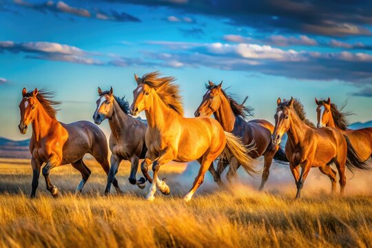 Majestic Kiger Mustangs Galloping Across the Open Plains Under a Clear Blue Sky in Nature's Beauty