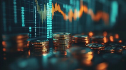 Stacks of Coins on Financial Data Background