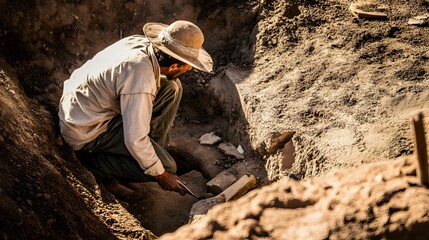 An archeologist carefully digs in the earth, his hat casting a shadow.