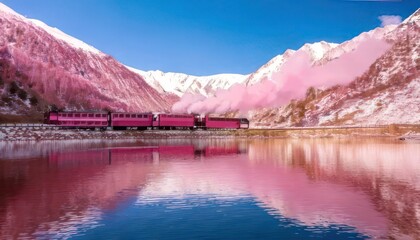  Pink steam train in pink snowy mountains emits pink smoke and has reflection in pink lake