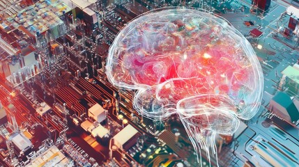 A digital brain overlayed on a circuit board, representing artificial intelligence.