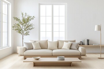 Minimalist, a modern japandi interior photo of an apartment living room with large windows and a sofa and a wooden table. Generative AI
