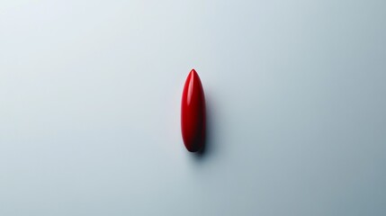 Fototapeta premium A single red lipstick bullet, slightly smeared, sits alone against a white background. There's plenty of empty space around it.