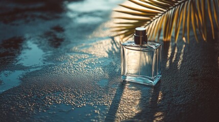 Fototapeta premium A sleek glass bottle of perfume sits on bare, dark ground. Sunlight shines on a nearby palm branch, casting shadows on wet asphalt.