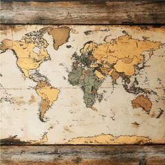 A vintage world map with rustic textures and a wooden frame, ideal for historical decor and geography-related designs.