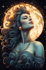 abstract beautiful lady in front of the moon