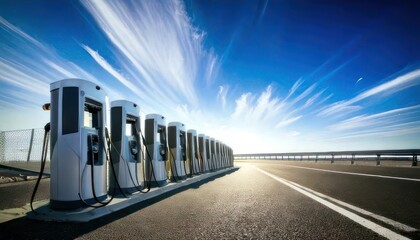 Row of electric vehicles charging stations on the background of blue sky 