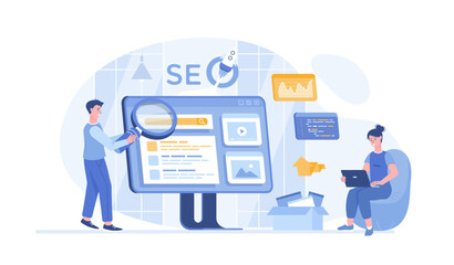 Search engine optimization for website. SEO management, keywording, content marketing, site analytics. Vector illustration with characters in flat design for web banner.