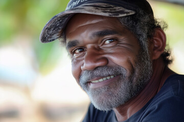 An indigenous Aboriginal Australian man looking at the camera, smiling. First Nations people..