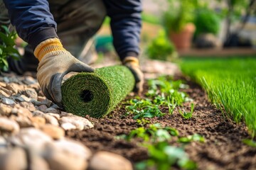 Laying fresh sod on a garden area with stepping stones during daylight hours