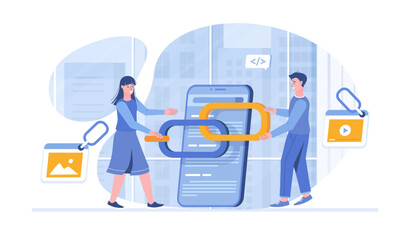 Link building between website pages. Search engine optimization concept, SEO. People holding chain on bowser window. Vector illustration with characters in flat design for web banner.