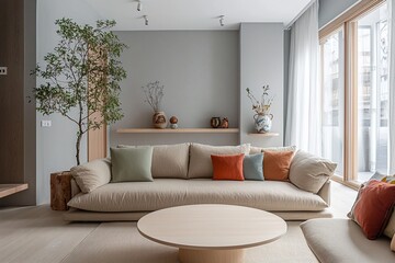 Fototapeta premium Minimalist, modern japandi interior photo of living room with sofa and cushion wood table. Generative AI 