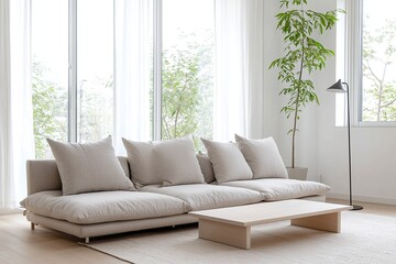 Fototapeta premium Minimalist, modern japandi interior photo of living room with sofa and cushion wood table. Generative AI 