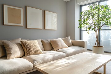Fototapeta premium Minimalist, a modern japandi interior photo of a living room with art frames hanging on light gray walls and a sofa and cushion table. Generative AI 