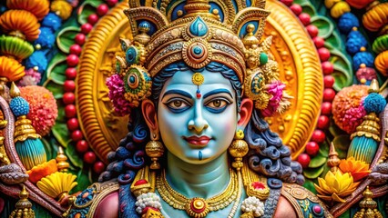 Fototapeta premium Majestic Lord Vishnu Sculpture in Vibrant Colors Showcasing Divine Beauty and Intricate Details