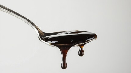 A spoonful of balsamic vinegar against a white backdrop.