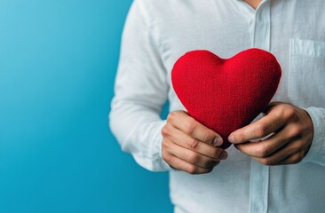 Obraz premium A person holding a red heart-shaped cushion in front of a blue background indoors