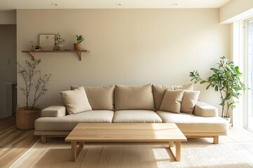 Minimalist, a modern japandi interior photo of a living room with light base walls with wood shelves and sofas and tables. Generative AI
