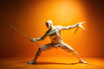 abstract origami art of a fencer posed against vivid orange background