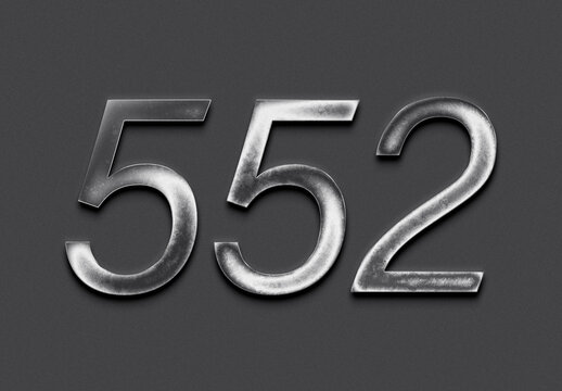 Chrome metal 3D number design of 552 on grey background.
