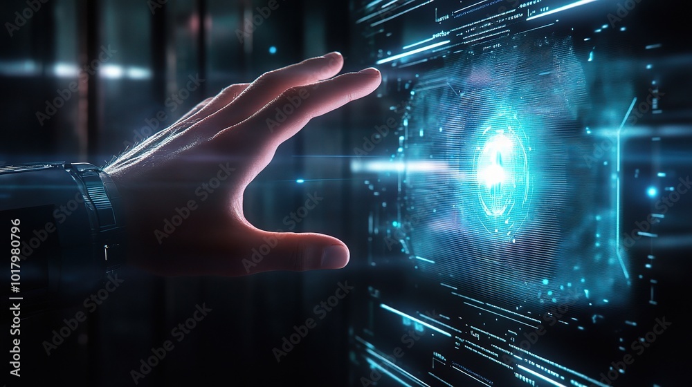 Poster futuristic interface interaction with hand and data