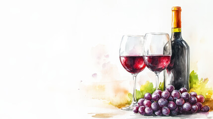 Obraz premium Watercolor image of wine bottle and glasses with grapes, light background. Copy space. Winery invitation. Generative AI