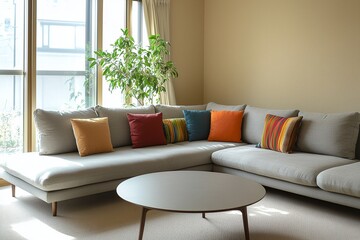 Fototapeta premium A modern japandi interior photo of a minimalist, fluffy sofa and pastel-toned cushion in a living room. Generative AI 