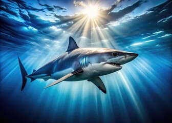 Fototapeta premium Majestic Mako Shark Swimming Gracefully in Clear Blue Ocean Waters with Sunlight Filtering Through