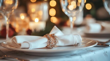 A white napkin with a decorative ring is set on a table.