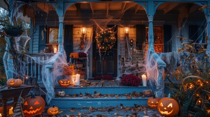 Naklejka premium Halloween themed front porch with cobwebs, spider webs, and spooky decorations, featuring a festive and eerie atmosphere.
