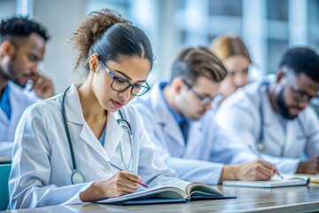 Fototapeta premium Group of medical students in lecture hall are studying medicine. Interns, future doctors and nurse with educational information. People in medical uniform. Healthcare workers