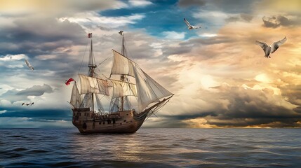 Obraz premium A majestic sailing ship cuts through the waves under a dramatic sky.