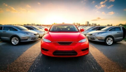  Small city cars fleet. A red car in front. Choosing new car concept. 