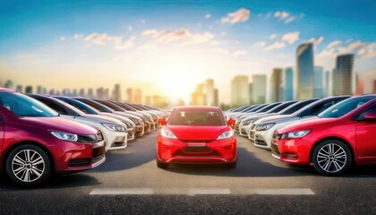  Small city cars fleet. A red car in front. Choosing new car concept. 