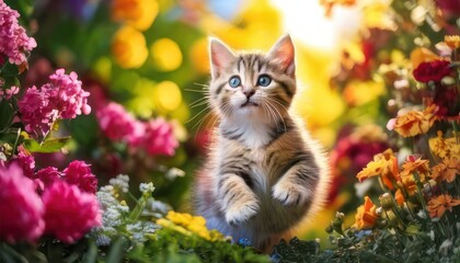 Smiling cute kitten in home garden among colorful flowers is flying in the air 