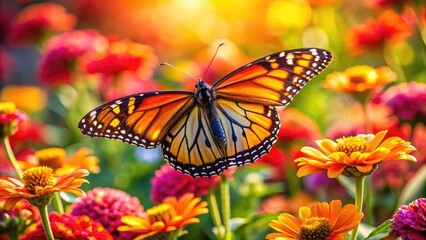 Obraz premium Majestic Monarch Butterfly on Vibrant Flowers in a Sunlit Garden Setting in Nature's Embrace