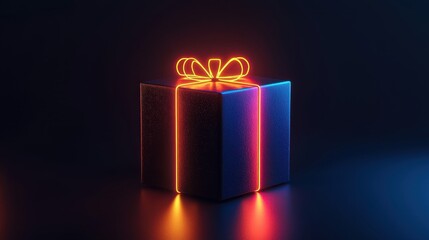 Futuristic gift box with neon glowing ribbon and bow in a dark background
