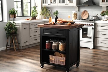 Kitchen island cart with wood top, black finish, wheels, side storage, and a cabinet with door and two shelves for food serving.