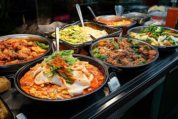 Variety of cooked Asian dishes arranged in serving trays, including stir-fries, noodles, and vegetables with sauces and garnishes in a buffet setting.