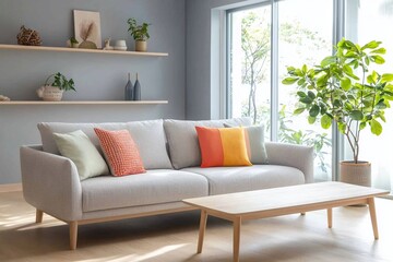 Fototapeta premium A modern japandi interior photo of a minimalist, fluffy sofa and pastel-toned cushion in a living room. Generative AI 