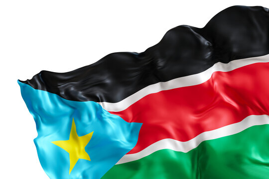 Realistic flag of South Sudan with folds, on transparent background. Footer, corner design element. Cut out. Perfect for patriotic themes or national event promotions. 3D render.