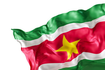 Realistic flag of Suriname with folds, on transparent background. Footer, corner design element. Cut out. Perfect for patriotic themes or national event promotions. 3D render.