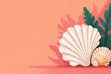 Seashells and tropical leaves on coral background with shadows creating a summer beach vibe