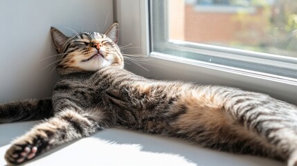 A relaxed cat lounging in sunlight by a window.