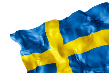 Realistic flag of Sweden with folds, on transparent background. Footer, corner design element. Cut out. Perfect for patriotic themes or national event promotions. 3D render.
