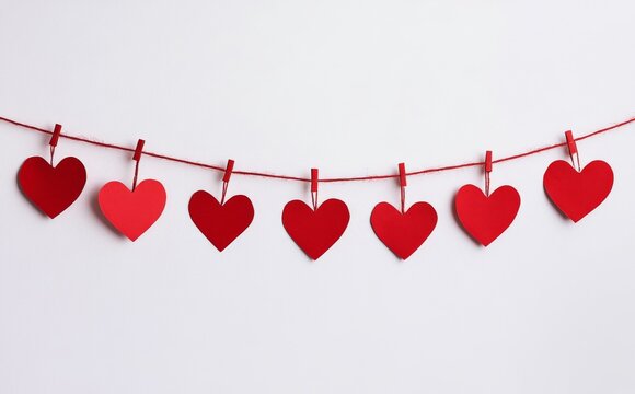 Colorful paper hearts hanging on a string against a white background for decoration