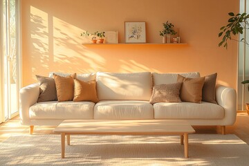 Minimalist, modern Japani interiors in the living room with light orange finished walls and sofas and tables. Generative AI
