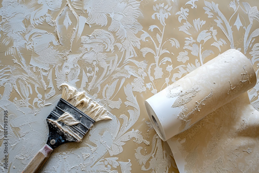 Poster a decorator is removing old wallpaper with a paint scraper and a wallpaper roll, showcasing a length